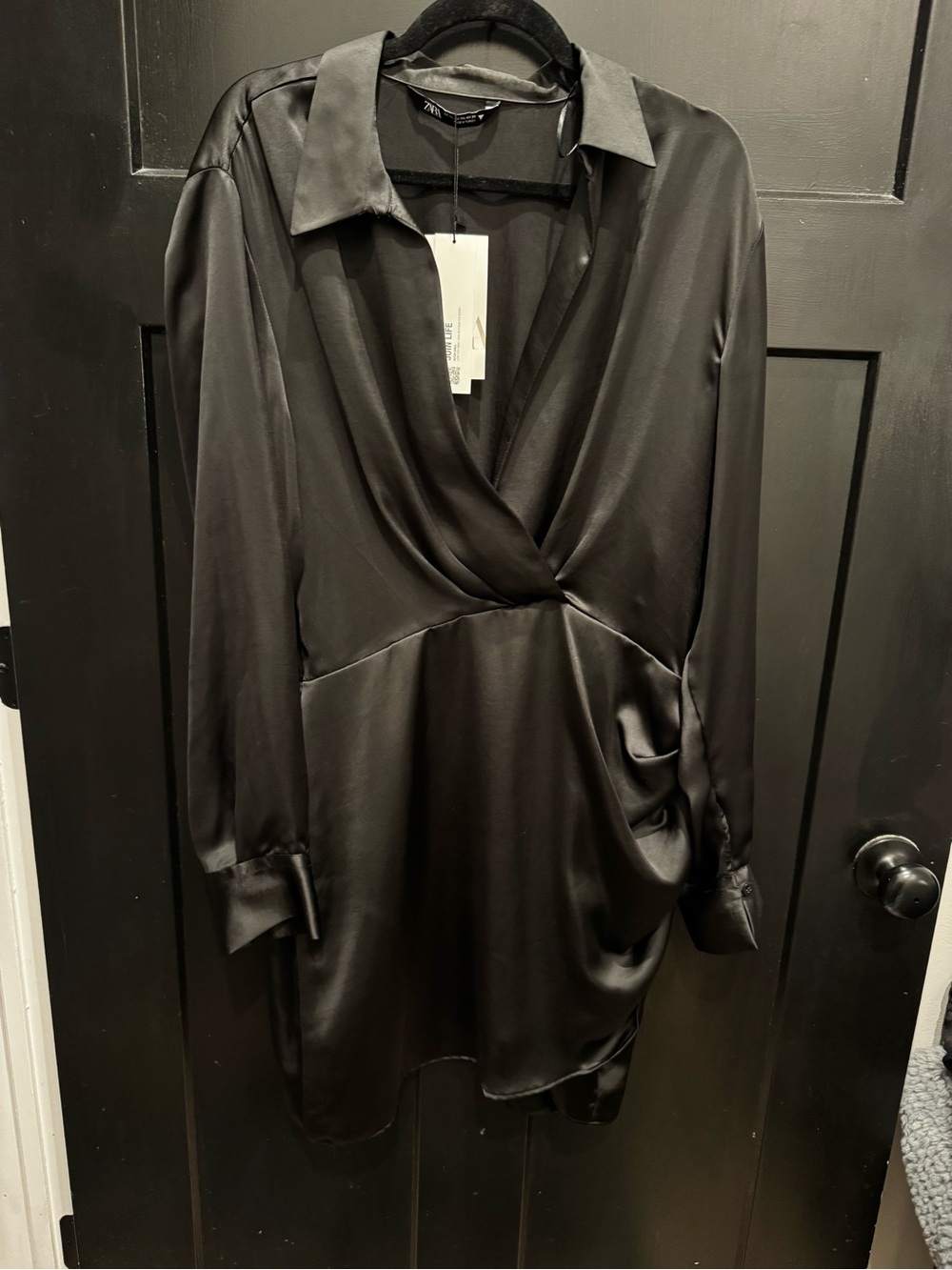 ZARA Black Satin Wrap Dress XXL NWT Collared Draped Mini Long Sleeve - Picture 4 of 6